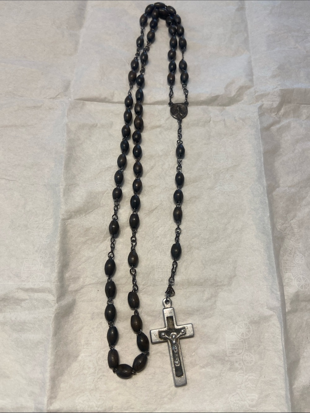 Vintage Wood Bead Rosary Necklace with Metal Crucifix